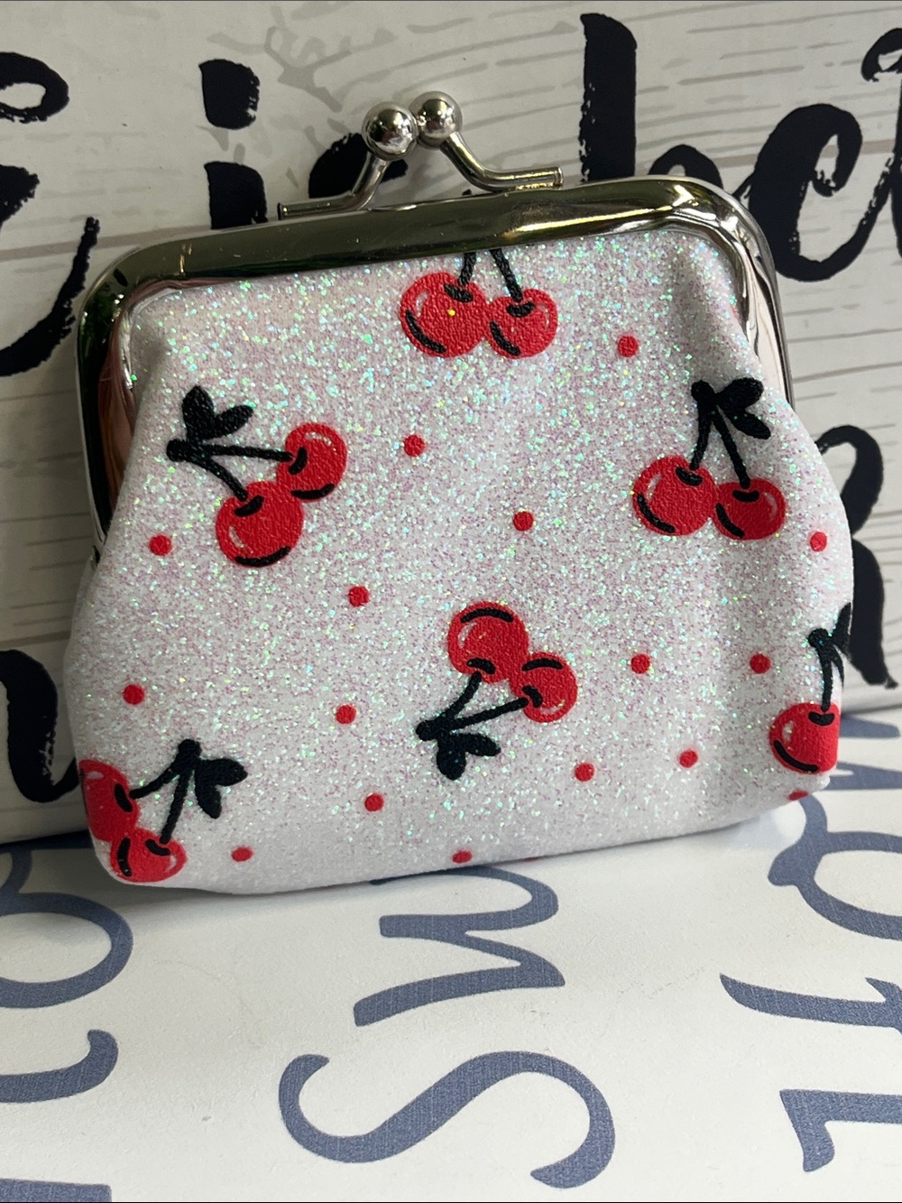 Glitter Cherry Kiss-Lock Mini Coin Purse - White & Red